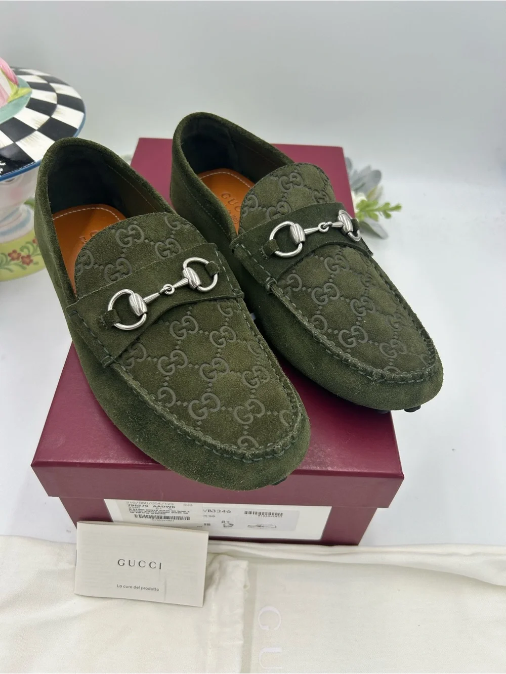 Men's Gucci GG embossed suede driver loafers size 8.5 fits 9.5 US made in Italy